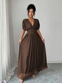 Elenzya Vestido maxi de mujer con tela de malla elástica con forro elástico, fruncido, pliegues en la cintura, cintura ajustable, silueta evasé, hombros caídos, mangas cortas, lazo en la espalda, hombros antideslizantes, longitud maxi, color rojo angora, estilo vintage francés elegante, adecuado para ir a la oficina, de viaje, casual, minimalista, versátil, para tomar el té de la tarde, fiestas, nueva llegada primavera/verano, vestidos envolventes para damas, vestidos talla grande vendidos, vestidos formales para mujer, vestidos elegantes clásicos para bodas y eventos - Marrón - Ver 6