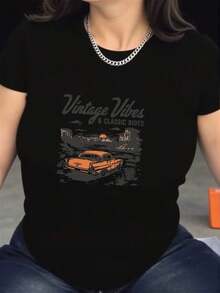 Women's Casual Crew Neck Sports T-Shirt With Classic Car Print And Retro Style - Short Sleeve T-Shirt, Fashion Y2K, Comfortable For All Seasons, Machine Washable, Garment Made Of High-Quality Fabric - 黑色 - 查看 3