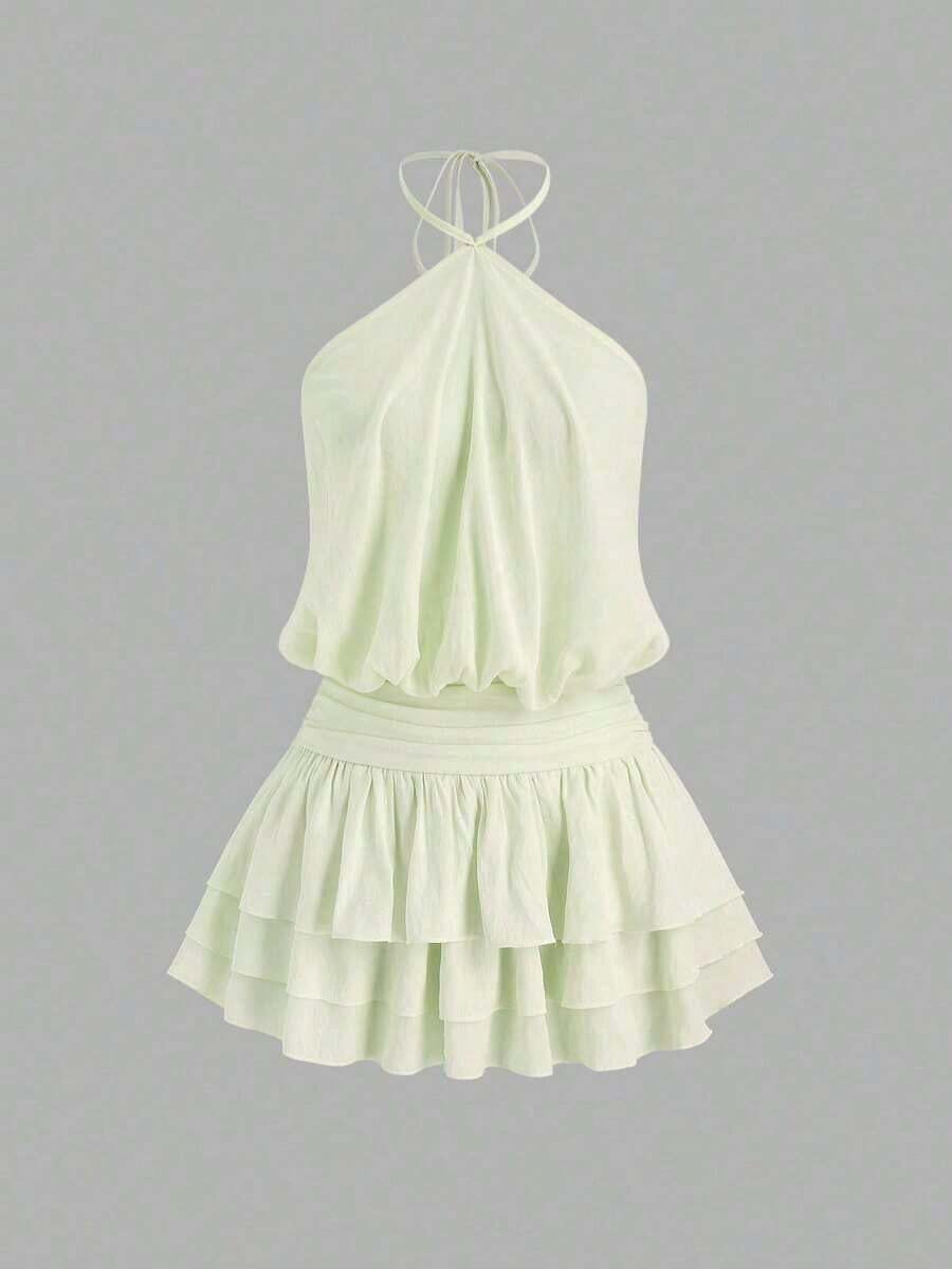 Vestido mini con espalda descubierta, estilo sexy y picante, de cuello halter, adecuado para citas, vacaciones y verano - Verde - Ver 1