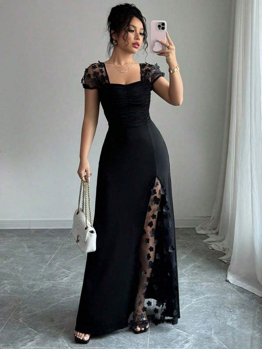 Vestido entallado con bordado de red para fiesta, banquete, primavera/verano, vacaciones - Negro - Ver 1