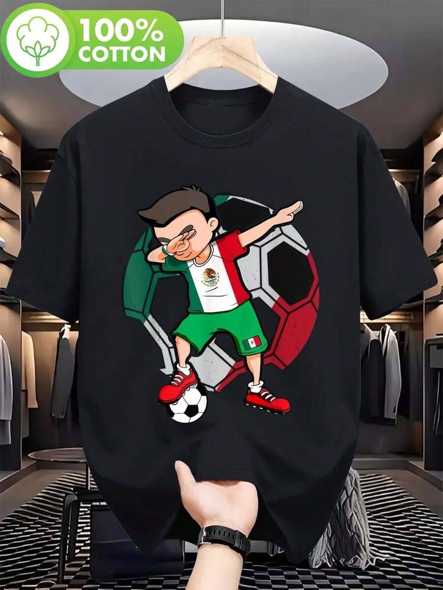 Camiseta de aficionado al fútbol mexicano para hombre y unisex - Peso 180 g, 100% del equipo nacional mexicano, con la bandera mexicana verde, blanca y roja y el logo del fútbol, estilo retro holgado, adecuada para fútbol, uso casual y como prenda de orgullo mexicano. - Negro - Ver 1