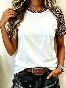 Camiseta de manga raglán de cuello redondo con estampado de leopardo y parches, de estilo casual de verano - Multicolor - Ver 3