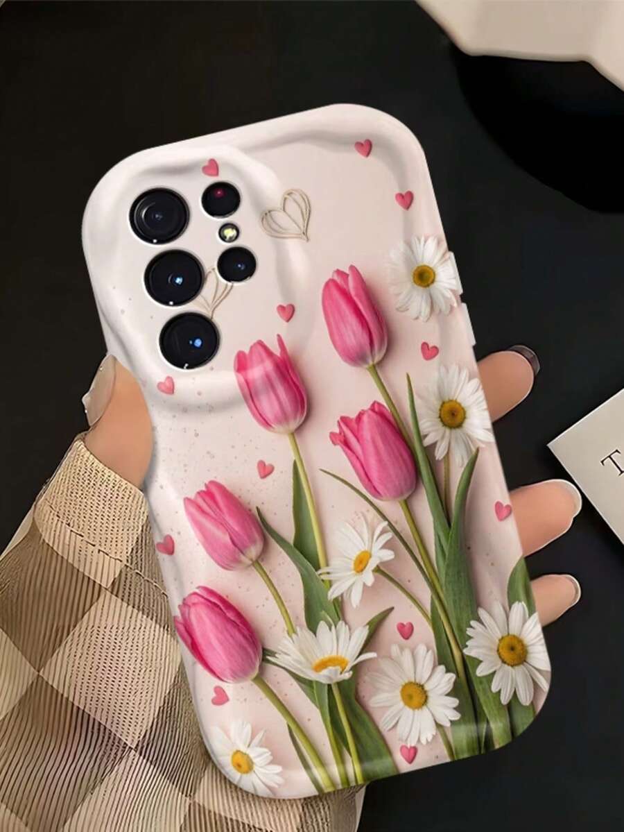 Colorful Painted Heart, Daisy, Tulip Pattern Phone Case Compatible With Honor, Galaxy Series - White - View 1