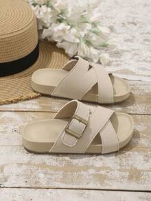 1 Pair Kids Casual Cross Strap Open Toe Slippers, Versatile Soft Bottom Comfortable Slip-On Beach Sandals For Boys And Girls, Summer - Beige - View 4