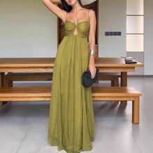 Vestido largo amplio de verano nuevo para mujer, tirantes sensuales con diseño en U, estilo vacacional - Verde militar - Ver 2