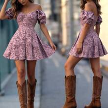 guangzhougaolangshangmao  Vestido corto de vacaciones románticas para mujer , de tela con textura de flores 3D, bajo plisado, adecuado para festivales de música, vacaciones, vestido de corte ajustado y acampanado, de hombros descubiertos, apto para primavera/verano, uso diario, invierno, fiesta, playa, cita, graduación, oficina, uniforme de maestro urbano, Navidad, Año Nuevo, vestido romántico, vestido rosa, vestido de manga abullonada, vestido rosa polvoriento, vestido de lechera, vestido de vaquera, vestido d - Morado - Ver 5