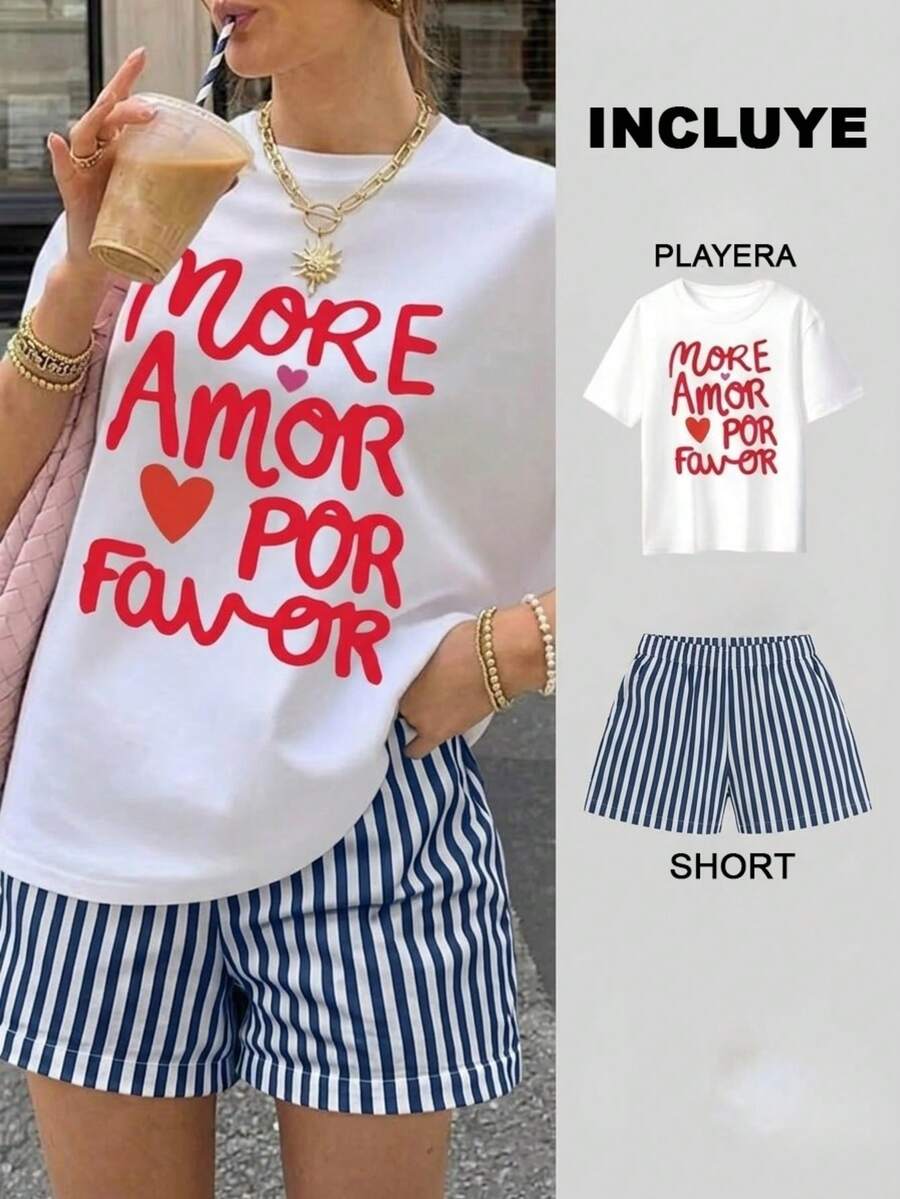 Conjunto de dos piezas, playera y short, playera estampada con diseño, short corto de rayas, adecuado para vacaciones en la playa, verano, vacaciones, viaje, para temporada de calor - 2 Playera Blanca More amor con Short Rayas Azul Marino con Blanco - Ver 1