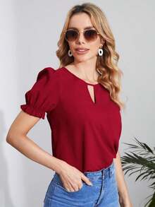 Blusa con cuello de ojal y manga abullonada, blusas de manga corta - Burdeos - Ver 4