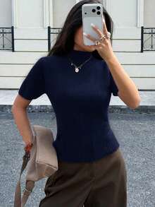 Blusa de punto de cuello alto de unicolor de manga corta para mujer, para todas las estaciones - Azul marino - Ver 5