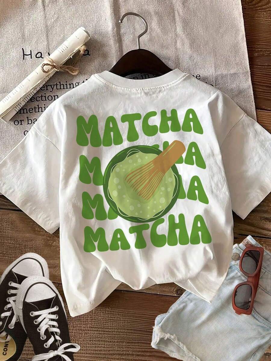 Ling K, Camiseta Casual de Verano para Mujer, Estampada, Estilo de Dibujos Animados con Estampado de Batidor de Matcha, Cuello Redondo, Manga Corta - Blanco - Ver 1