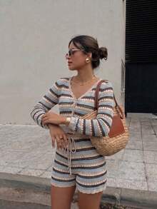 Women's Y2K 2pcs Colorblock Striped Hollow Out Cover Up Top & Shorts Set, Casual Bohemian Beach Vacation Outfit For Spring Summer - Light Blue - View 4