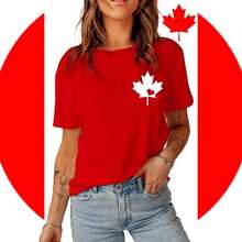 Women's Casual Cotton T-Shirt With Canadian Flag And Heart Print, Short Sleeve, Round Neck, Drop Shoulder, Cute Summer Garment With Slightly Stretchy Fabric - 紅色 - 查看 3