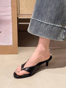 女士单趾套脚高跟凉鞋，带趾环设计，细高跟，红黑户外凉鞋 - 黑色 - 查看 5