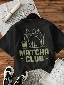 Camiseta de cuello redondo% algodón con estampado de gato y café en la espalda, estilo casual deportivo para mujer, adecuada para primavera y verano, de manga corta, se puede usar en todas las estaciones. Perfecta para usar en capas en primavera y otoño o como prenda individual en verano. Estilo unisex, para amigas. Camiseta de algodón de alta calidad con un toque moderno de marca. - Negro - Ver 6