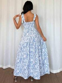 Elegant Pleated Floral Print Long Dress, Sleeveless V-Neck Pleated Edge Dress, Summer New Women's Light Blue Dress, Blue And White Floral Dress Long Dress, Summer Blue And White Dress, Women's Vacation Dress - Xanh và trắng - Xem 2