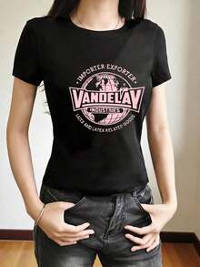 Cotton T-shirts for Women Camiseta divertida Compra con plazo limitado Funny T-shirts Minimalist Oversized T-shirtsCamiseta de manga corta con cuello redondo estilo americano, nuevo estampado de letras de verano, top corto ajustado para mujer. WXWI - Negro - Ver 2