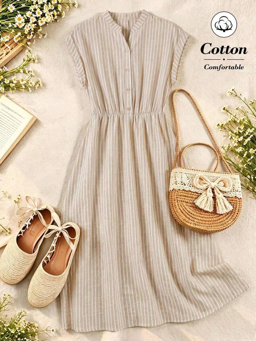 Vestido casual de verano de cuello en V a media pierna con rayas para mujer - Multicolor - Ver 1