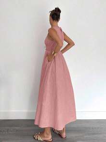 Women's Sleeveless A-Line Maxi Dress In Linen And Cotton, Spring And Summer - Army Green - View 2