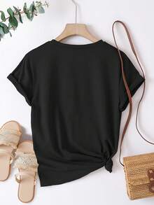Camiseta de Mujer con Letras de París y Rayas Francesas - Corte Relajado, Manga Corta, Cuello Redondo con Rayas Horizontales Azul/Blanco y Estampado Rojo de París, Camiseta Casual para Looks Informales - Negro - Ver 2