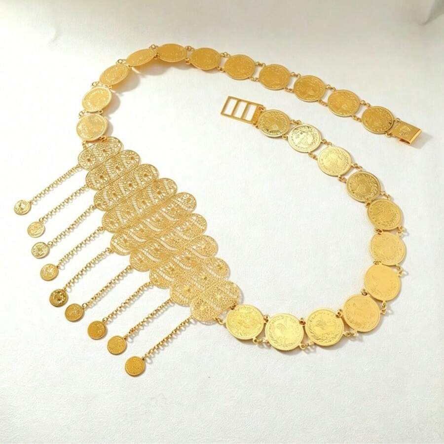 新款欧美中东波西米亚风硬币流苏腰链,复古肚皮舞百搭腰饰 - 金色 - 查看 1
