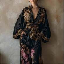 Conjunto de Dos Piezas para Mujer Primavera/Verano 2026: Top con Estampado Vintage, Escote Profundo en V y Lazo, y Pantalones de Pierna Ancha - Negro - Ver 4
