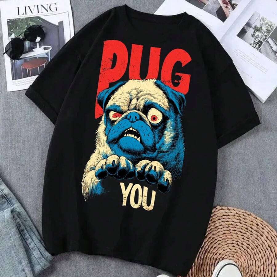 Camiseta de Verano para Mujer con Estampado de Perro Pug, Camisetas Gráficas de Manga Corta, Casual, Divertida, con Diseño de Animal, Estilo Urbano Y2k - Negro - Ver 1