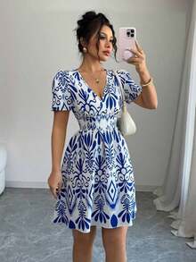 Vestido mini ajustado con fruncido e impresión para mujer - Azul - Ver 7