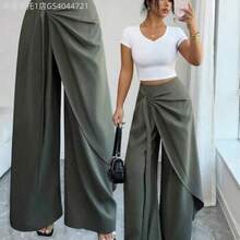 MewMuse. Elenzya Pantalones sueltos asimétricos elegantes y casuales para mujer - Verde - Ver 1