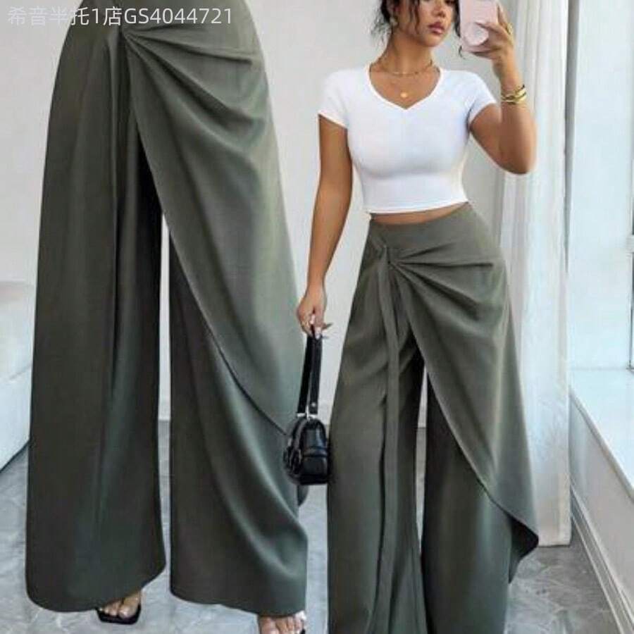 MewMuse. Elenzya Pantalones sueltos asimétricos elegantes y casuales para mujer - Verde - Ver 1