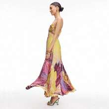 Vestido de noche nuevo para mujer, tirantes sin tirantes tipo bustier con estampado floral, pliegues y cintura marcada - Dorado - Ver 3