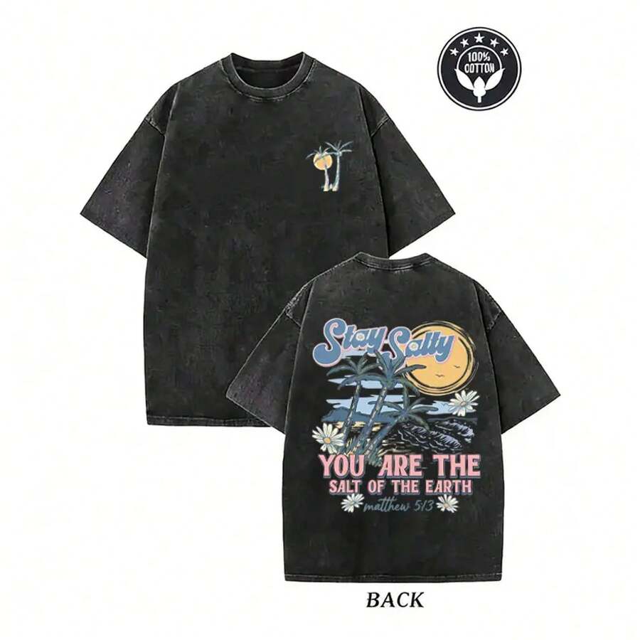 Mantente Salado | Eres la sal de la tierra, camiseta vintage lavada de doble cara, camiseta "Manténganse salados" de Mateo 5:13. | Camiseta Retro de Estilo Costero Cristiano, Talla Grande y Lavada - Negro - Ver 1