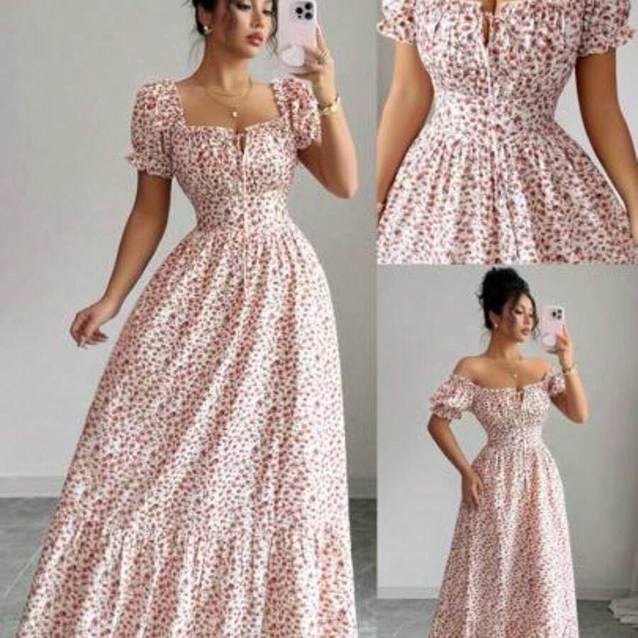 Nana's Women's Clothing Store  Nuevo vestido de mujer con estampado digital, mangas abullonadas, nudo delantero, espalda descubierta y cintura ceñida. Elegante y chic para vacaciones, citas, estilizador y adelgazante - Multicolor - Ver 1
