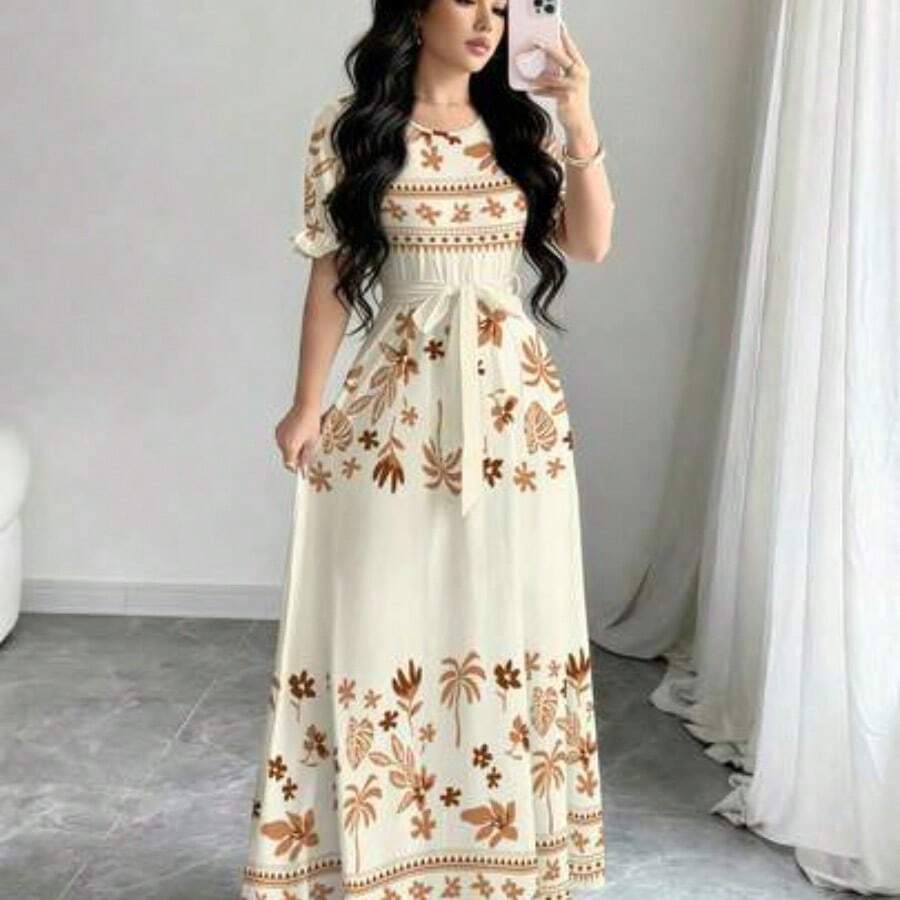 guangzhougaolangshangmao  Vestido de línea A de manga larga con cuello redondo con estampado digital floral y geométrico para mujer, primavera - Multicolor - Ver 1