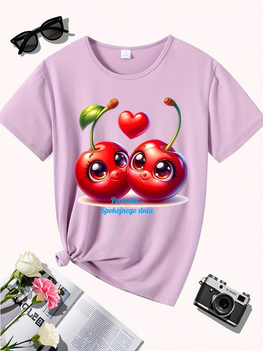 Solo un día de paz, Amor de cereza, Edición especial de San Valentín, Corazón, Regalo, Edición especial, Nueva camiseta de mujer de cuello redondo casual deportiva cómoda para las cuatro estaciones - Morado - Ver 1