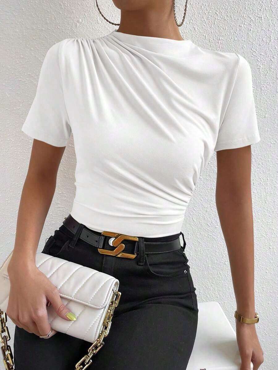Camiseta con cuello de tortuga fruncida - Blanco - Ver 1