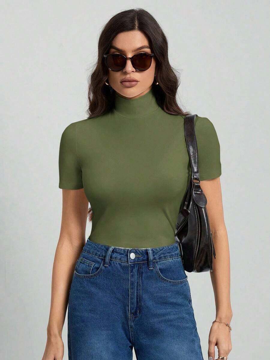 Tall Camiseta básica de unicolor negro de cuello alto con mangas cortas para mujer - Verde militar - Ver 1