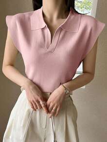 Suéter holgado de punto de unicolor con cuello, estilo casual y de negociospara mujer - Rosa - Ver 5
