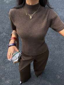Blusa de punto de cuello alto de manga corta de unicolor para mujer, marrón oscuro, para todas las estaciones - Café integral - Ver 6
