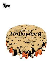 1PC Halloween Themed Polyester Tablecloth – Black Cat & Pumpkin Pattern (Light Orange With Bats & Spiders) – Available In Round (145cm) Or Rectangular (140x180cm) – Festive Table Decor For Halloween Parties And Family Gatherings - Multicolor - View 10