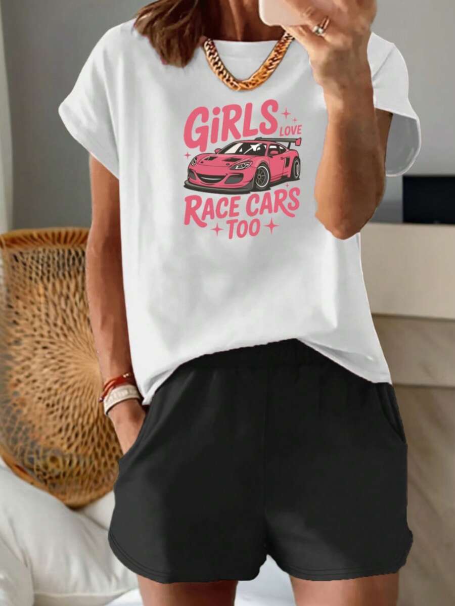 MSHCJ | Mujer | Envío local | Una camiseta de manga corta casual de tamaño grande con estampado floral femenino, combinada con pantalones cortos elásticos con cintura y bolsillos.Conjunto de camiseta y shorts para mujer con estampado de coche de carreras - Blanco - Ver 1
