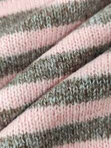 Soft Pink & Brown Striped Cardigan, Round Neck Loose Contrast Color Knit Jacket, Commuting Casual Versatile Top Fall - Multicolor - View 6