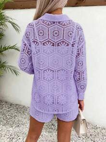 Bộ 2 món đồ nữ mặc thường ngày đi du lịch, áo dài tay rỗng dáng rộng và quần short cạp chun, áo khoác ngoài đi biển thanh lịch mùa hè - Màu Lilac Tím - Xem 3