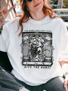 Women's Folk Punk T-Shirt - Graphic Print "The Hand Doesn't Feed, It Bites The Hand", Anti-Capitalist Lettering, Casual Crew Neck, Short Sleeve For Spring And Summer, White With Black Design, Spring/Summer Clothing | Crew Neck T-Shirt | Durable Printed Top - 白色 - 查看 6