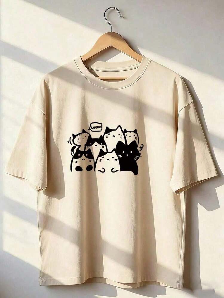 Spring/Summer 2026 Fashion Item: Short-Sleeved T-Shirt With A Cat Print, Made In Mexico. Features A Cartoon Print Design, Perfect For Couples, And Suitable For Both Indoor And Outdoor Wear. Designed With A Classic Crew Neck, This Unisex Style Is Ideal For Office And Casual Occasions. Sold Individually. - 米色 - 查看 7
