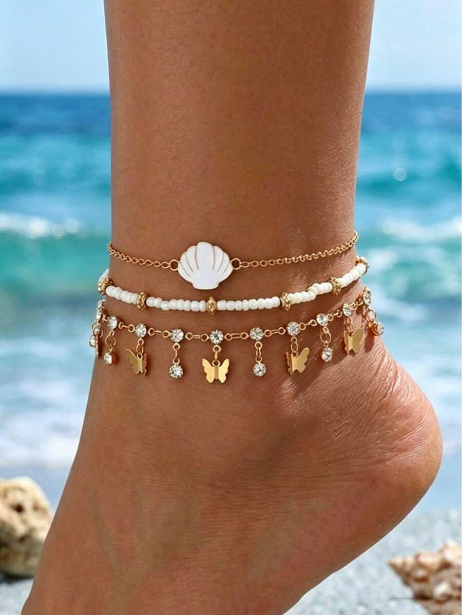 1 Set Gelang Kaki Multilayer Gaya Boho, Dekorasi Rumbai Laut Vintage, Aksesori Liburan Pantai Minimalis Mewah Ringan - MultiWarna - View 1