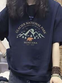 Camiseta de algodón ligero para mujer, edición limitada, con diseño del oso del Parque Nacional Gracire, Montana. - Negro - Ver 9