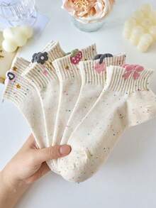 5雙女款彩色圓點船襪，附3D花朵與水果貼飾，可愛休閒棉襪 - 彩色 - 查看 2