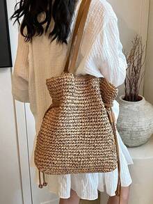 This Solid Color Crochet Woven Tote Bag Features A Drawstring PU Shoulder Strap, Making It A Perfect Choice For Beach Vacations, Weekend Outings, And Casual Daily Use. - Khaki - View 5
