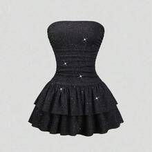 Yunuo Menswear  Nuevo vestido mini elegante y casual de tela brillante con volantes escalonados, cintura ceñida y ajuste ceñido, para el verano - Albaricoque - Ver 2