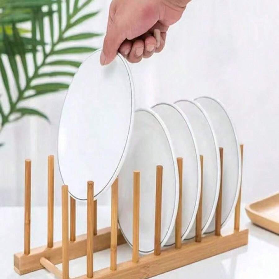 1 chiếc giá đựng chén đĩa bằng gỗ, kệ đựng đồ nhà bếp, có thể đựng đĩa, bát, cốc, nắp nồi và thớt, cũng có thể dùng làm giá sách, đồ dùng nhà bếp gia đình - Màu gỗ - Xem 1